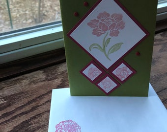 Blank geometric flower card done in various shades of green and pink