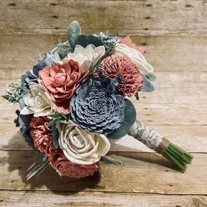 Dusty Blue, Dusty Rose and Ivory Sola Wood Wedding Bouquet