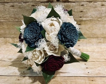 Dusty Blue, Burgundy and Ivory Sola Wood Wedding Bouquet