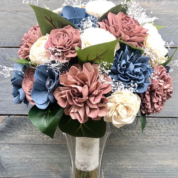 Slate Blue, Dusty Rose and Ivory Sola Wood Wedding Bouquet