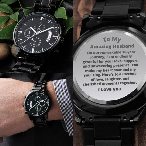 Cadeaux d'anniversaire de 10 ans pour le mari de la montre gravée de la femme, cadeau du 10e anniversaire Soulmate Sentimental Romantic Keepsake Gift For Him