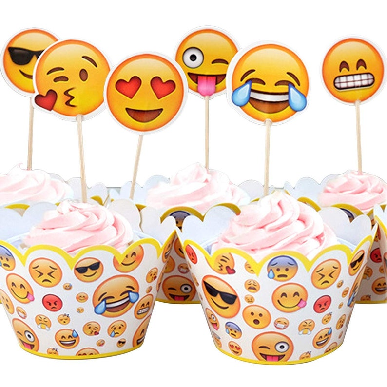 24pcs Emoji Cupcake Topper Kids Birthday Party Supplies Cake image 0