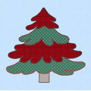 May include: A Christmas tree design with a red and green color scheme. The tree is composed of layered shapes, with a red top and green sections dotted with white circles. The tree trunk is a tan square. The background is a light blue.