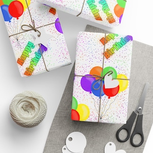 Papel de regalo de feliz cumpleaños arcoíris / Globos de cumpleaños / Papel de regalo / Cumpleaños infantil / Embalaje de regalo / Artículos para fiestas / Papel de regalo de cumpleaños