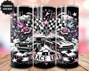 Race Life 20オンス スキニー タンブラー 昇華デザイン レースカー PNG、ドラッグ レーシング タンブラー、女性レーサー、デジタル PNG ストレート ラップ ダウンロード