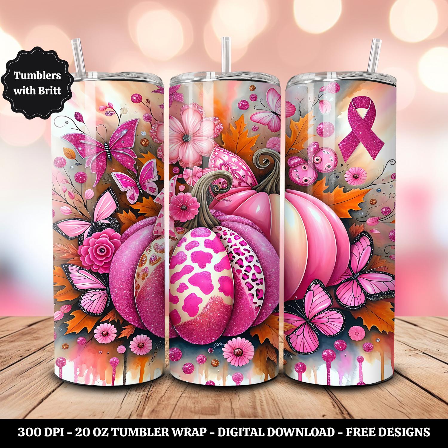 Pink Pumpkin Ribbon Awareness Breast Cancer Survivor Tumbler Wrap 20 oz Skinny Tumbler Sublimation Design Digital Download PNG Instant