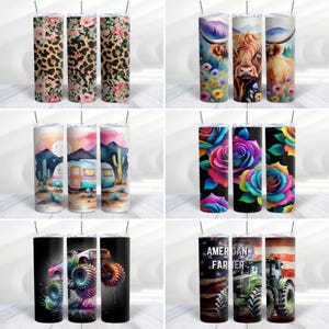 May include: Set of three 20 oz stainless steel tumblers with various designs. The designs include a floral pattern, a highland cow in a field of flowers, a camper van in a desert landscape, a colorful rose pattern, a monster truck, and an American flag with the text "American Farmer".