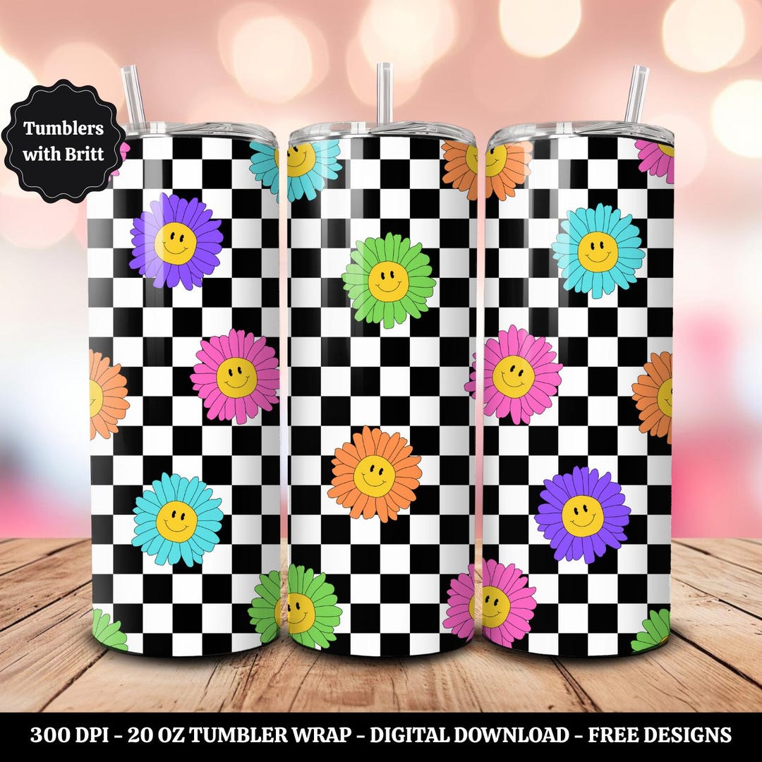 Retro Smiley Face 20oz Sublimation Tumbler Design, Checkered Print ...