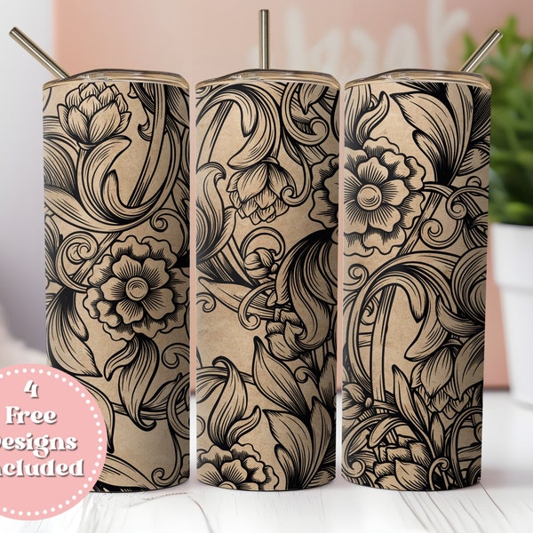 Tooled Leather 20oz Sublimation Tumbler Design, Western Style Print, Straight Skinny Tumbler Wrap, Digital Download PNG, 9.2" x 8.3" Design