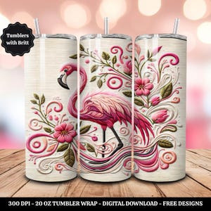 Bestickter Flamingo 20 Unzen Tumbler Wrap, Sublimationsdesign, Blumen PNG, Girly Tumbler, gerader dünner Tumbler Wrap, digitaler Download PNG