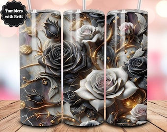 3D Black Roses Floral Tumbler Wrap, 20 oz Skinny Tumbler Sublimation Design, 3D Design Flowers Tumbler Wrap, Instant Digital Download PNG