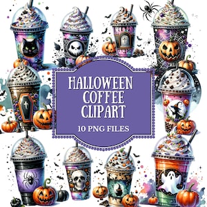 Halloween Coffee Clipart Set, Scary Gothic Watercolor Coffee Drink Clipart Bundle, Spooky Season PNG Bundle, Pumpkin Design Instant Download