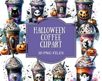 Halloween Coffee Clipart Set, Scary Gothic Watercolor Coffee Drink Clipart Bundle, Spooky Season PNG Bundle, Pumpkin Design Instant Download