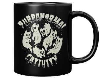 Purranormal Cativity Black Coffee Mug, Halloween Décor Scary, Halloween Coffee Mug, Witchy Ghost Mug, Spooky Halloween Gift for Cat Lovers
