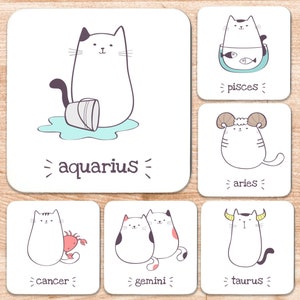 Cat Horoscope Signs Coaster Set Of 6, Zodiac Cat Cute Coasters, Astrology Gifts For Her, Gifts For Wife, Housewarming Gifts, Cute Coasters