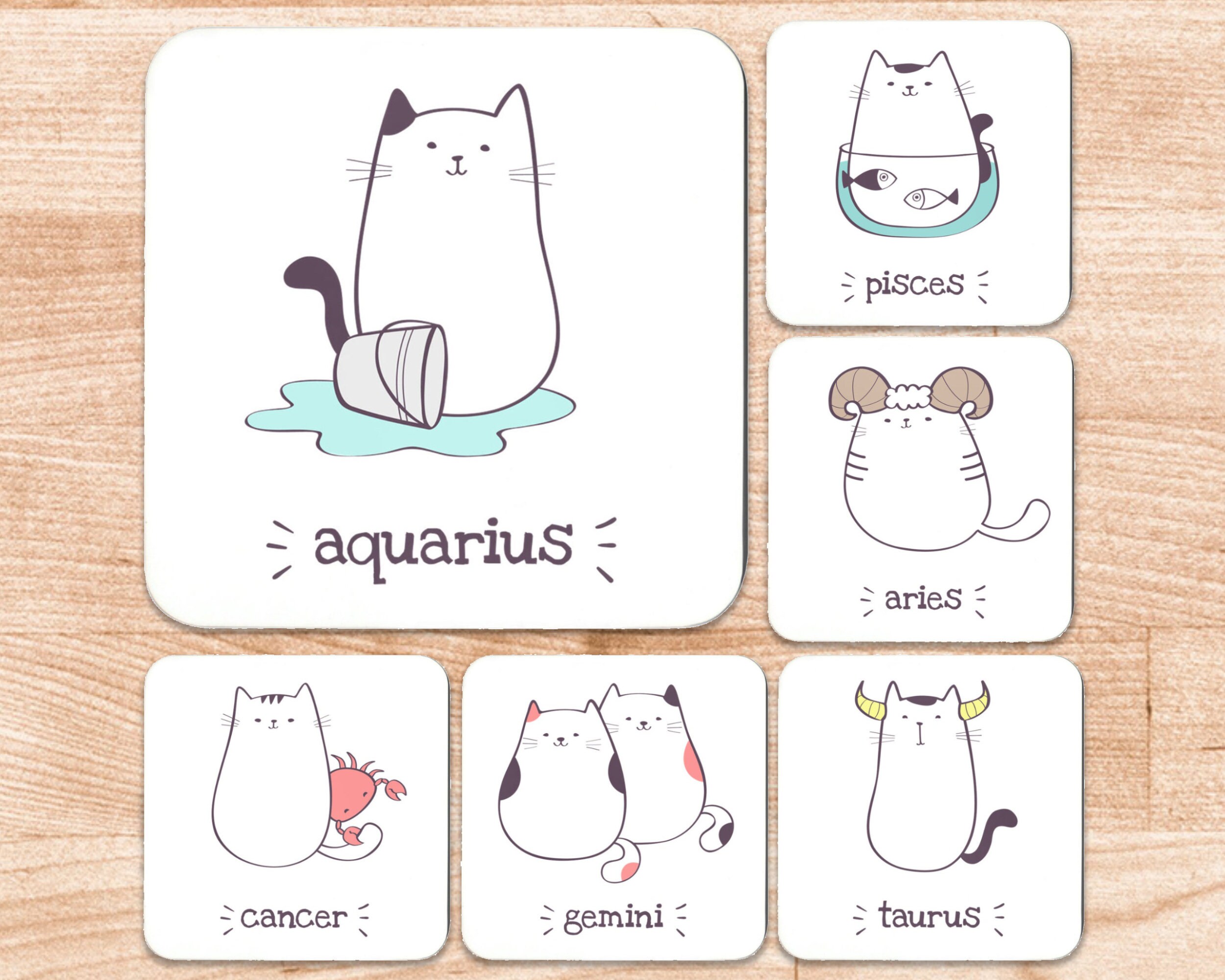 Cat Horoscope Signs Coaster Set of 6 Zodiac Cat Cute Etsy