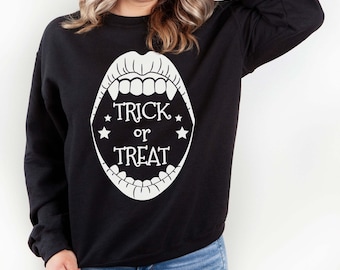 Trick Or Treat Halloween Sweatshirt (6 Colors), Halloween Shirts For Women, Vampire Teeth Funny Halloween Sweater For Women