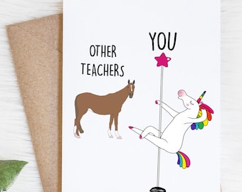 Funny Teacher Card, Gag Gift For School Educator, Unicorn Pole Dancing Birthday Wishes