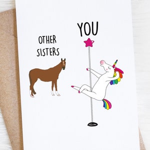 Funny Sister Birthday Card, Unicorn Pole Dancer, Gift For Sis