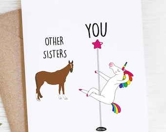 Funny Sister Birthday Card, Unicorn Pole Dancer, Gift For Sis