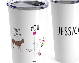 Gift For Female Boss, Funny Unicorn Pole Dancer Tumbler, Insulated Travel Cup, Personalized Name Custom, For Boss's Appreciation Day