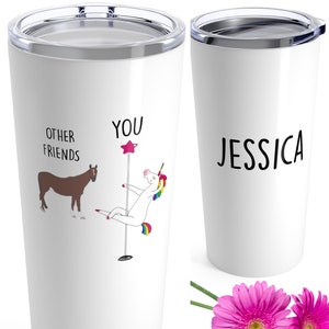 May include: Two white travel mugs with black text. One mug says "You" with a unicorn on a pole and "Other Friends" with a brown horse. The other mug says "Jessica".