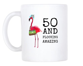 50th Birthday Gift For Women, Fifty And Amazing, Flamingo Themed Personalized Mug Custom Photo Cup