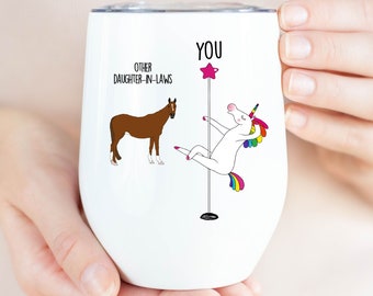 Daughter In Law Gift,  From Mother In Law, Funny Unicorn Pole Dancer, Personalized Custom Wine Tumbler Cup
