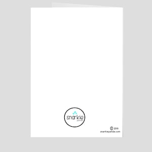 May include: Blank white card with a black and white logo for "snarkie panda" in a circle with a blue water drop design. The text "&copy; 2019 snarkiepanda.com" is in black at the bottom of the card.