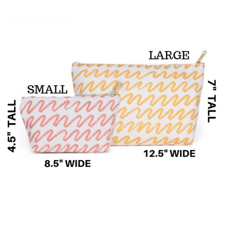 May include: Two zippered pouches, one small and one large, with a white background and a pattern of yellow and pink squiggly lines. The small pouch is 8.5 inches wide and 4.5 inches tall. The large pouch is 12.5 inches wide and 7 inches tall.