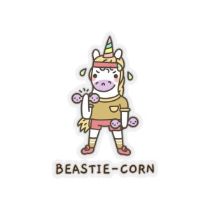 May include: A cartoon unicorn wearing a headband and a yellow shirt is lifting pink dumbbells. The unicorn is sweating and has a rainbow horn. The text "BEASTIE-CORN" is below the unicorn.