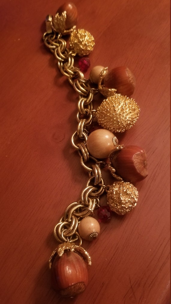 Vintage Gold and real nut charm bracelet - image 4