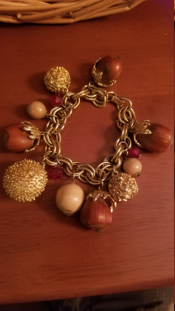 Vintage Gold and real nut charm bracelet