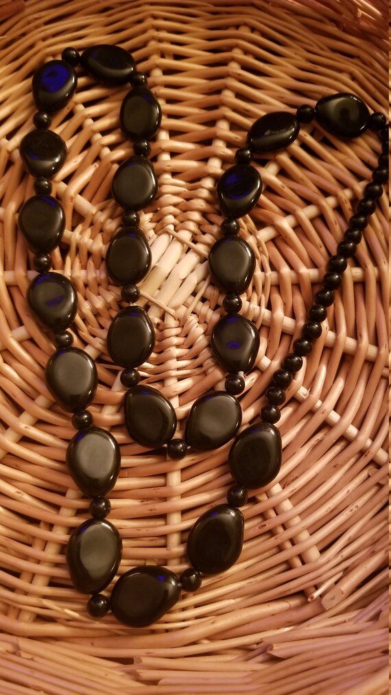 Vintage Black Resin Plastic Beaded Necklace - image 2