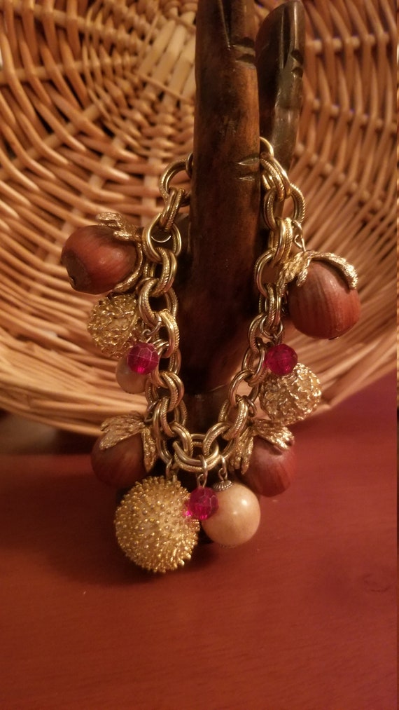 Vintage Gold and real nut charm bracelet - image 2