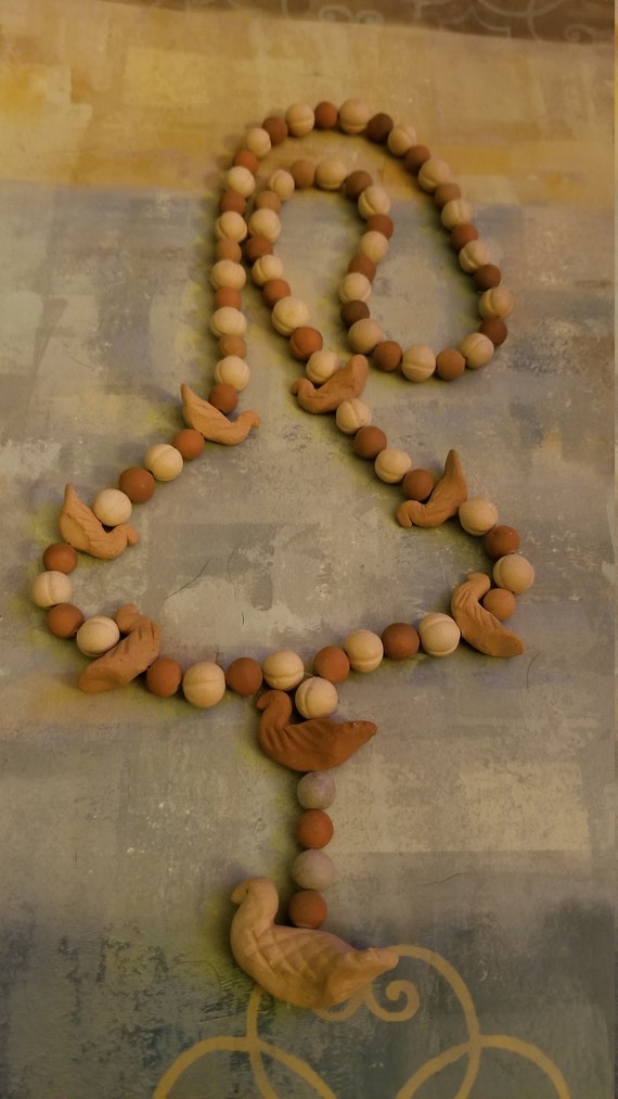 Vintage handmade wood carved beads with clay birds