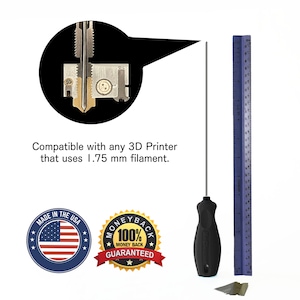 May include: A close-up of a 3D printer nozzle with a ruler for scale. The nozzle is compatible with 1.75 mm filament. The image also shows a screwdriver, a blade, and a money-back guarantee sticker.