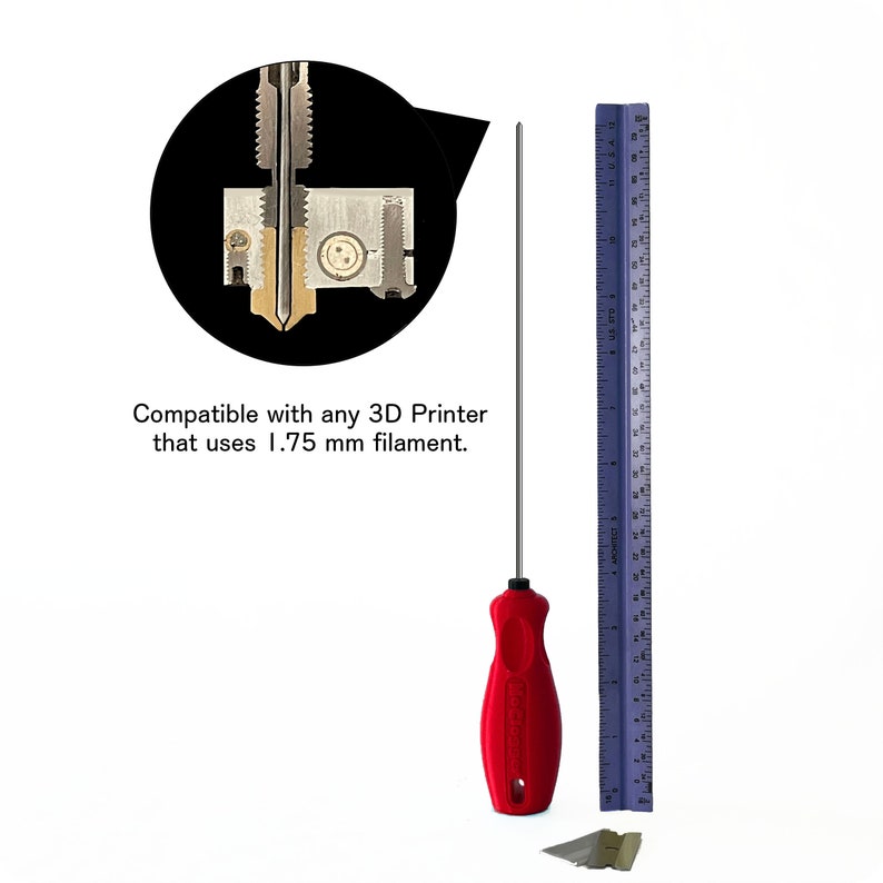 May include: A red and silver 3D printer nozzle cleaning tool with a metal needle and a red plastic handle. The tool is compatible with 1.75 mm filament.