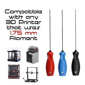 May include: Three 3D printer filament cleaning tools with red, blue, and black handles. The tools are compatible with any 3D printer that uses 1.75 mm filament.
