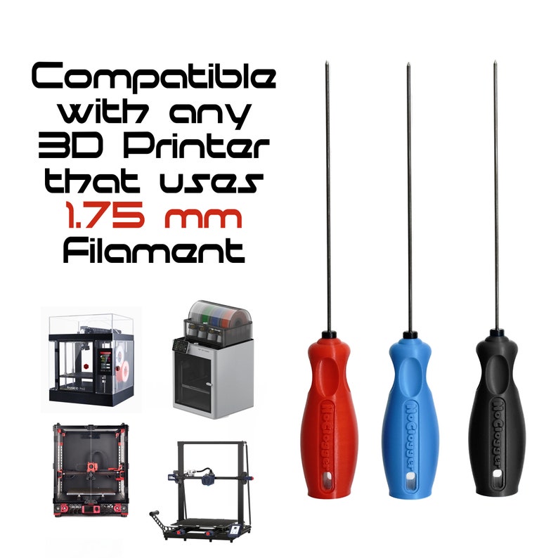 May include: Three 3D printer filament cleaning tools with red, blue, and black handles. The tools are compatible with any 3D printer that uses 1.75 mm filament.