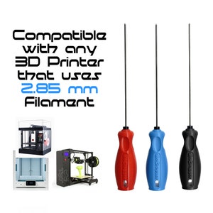 May include: Three filament loading tools for 3D printers. The tools are red, blue, and black with a black metal needle. The tools are labelled "NoClogger". The text "Compatible with any 3D Printer that uses 2.85 mm Filament" is visible in the image.