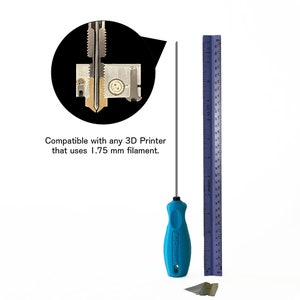 May include: A blue plastic tool with a metal tip and a ruler. The tool is compatible with 3D printers that use 1.75 mm filament. The text "Mocios 650" is printed on the tool.