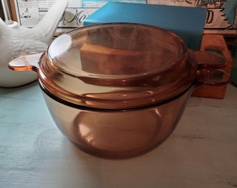 Vintage 70s smoky brown glass dish Visions by Corning 2.5 qt Casserole with lid