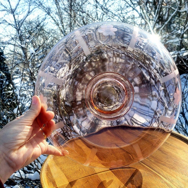 Vintage Depression era 1930's Pink Glass Floral etched Rolled edge Console Bowl