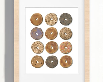 May include: A framed print of 12 different types of bagels, each with a unique topping. The bagels are arranged in a grid pattern on a white background.