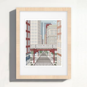 May include: A framed illustration of a city street with buildings on either side and an elevated train track overhead. The buildings are a mix of red brick and beige stone. The street is empty and has a black and white checkered pattern.