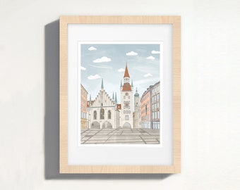 Munich Marienplatz | Fine Art Print | Germany Wall Art | City Illustration | 8x10 Giclee | Travel Souvenir | Gift for Traveler