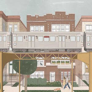 May include: A gray train with the word "CHICAGO" on the side is traveling over a bridge. The train is passing over a residential street with brick buildings and green trees. Two people are walking on the sidewalk below the bridge.