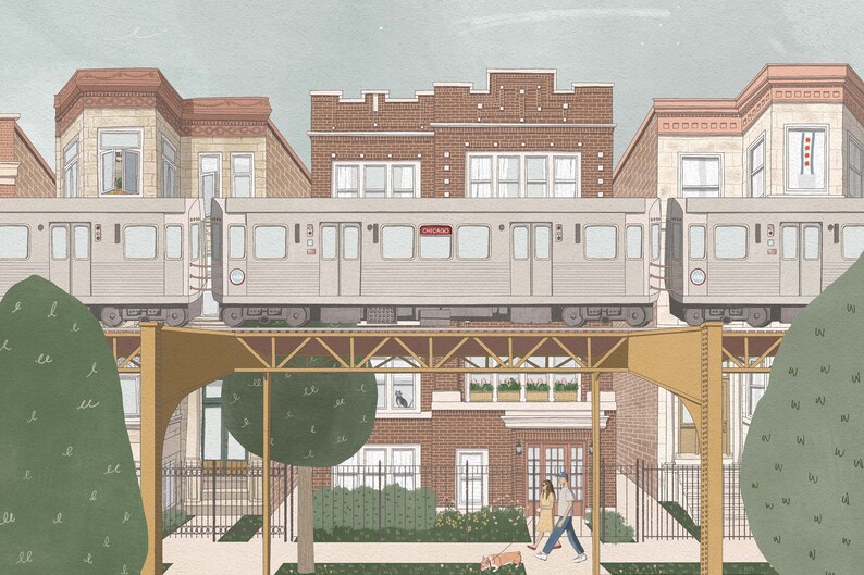 May include: A gray train with the word "CHICAGO" on the side is traveling over a bridge. The train is passing over a residential street with brick buildings and green trees. Two people are walking on the sidewalk below the bridge.