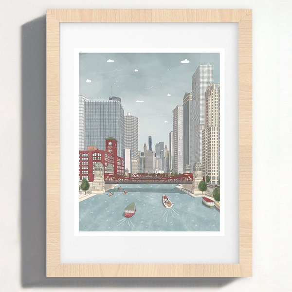 Chicago Art Print | Architecture Tour | Windy City Souvenir | Riverwalk Giclee | Chicago Poster | Chicago, Illinois | USA Travel Art Print